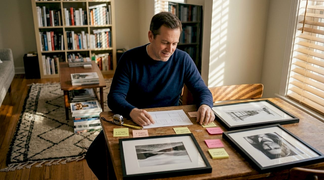 Man arranging art layout on apartment floor