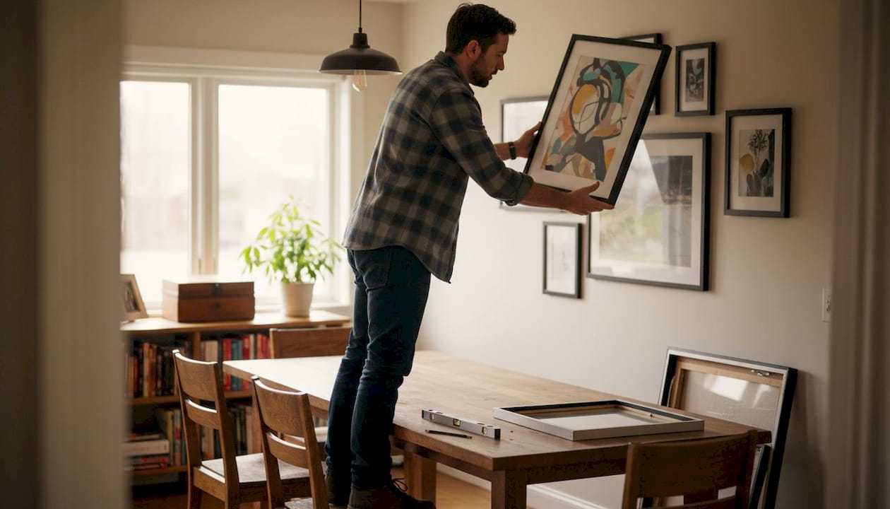 Man arranging gallery wall above dining table