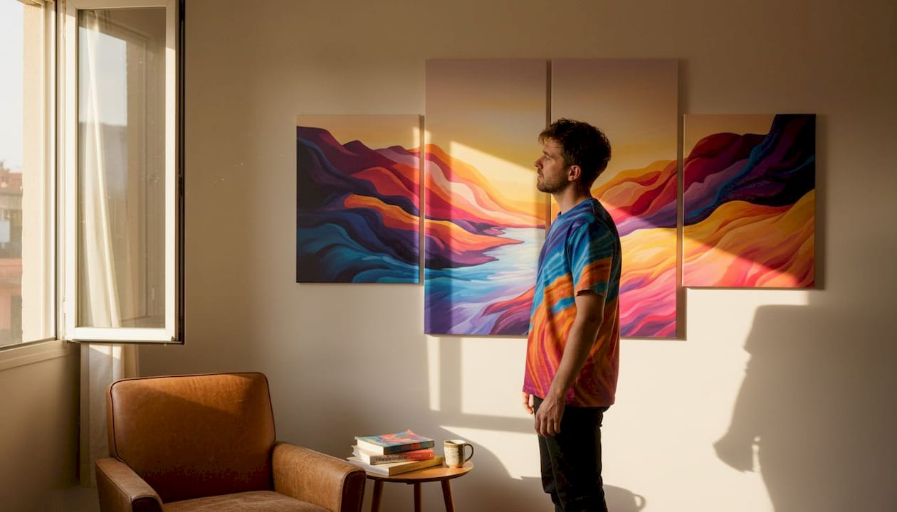 Man observing multi-panel canvas print
