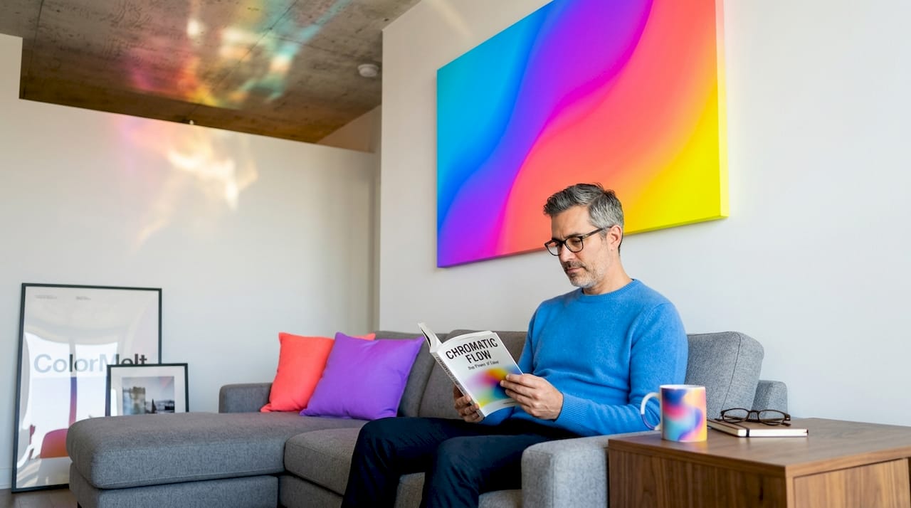 Man reads below bold canvas in modern apartment