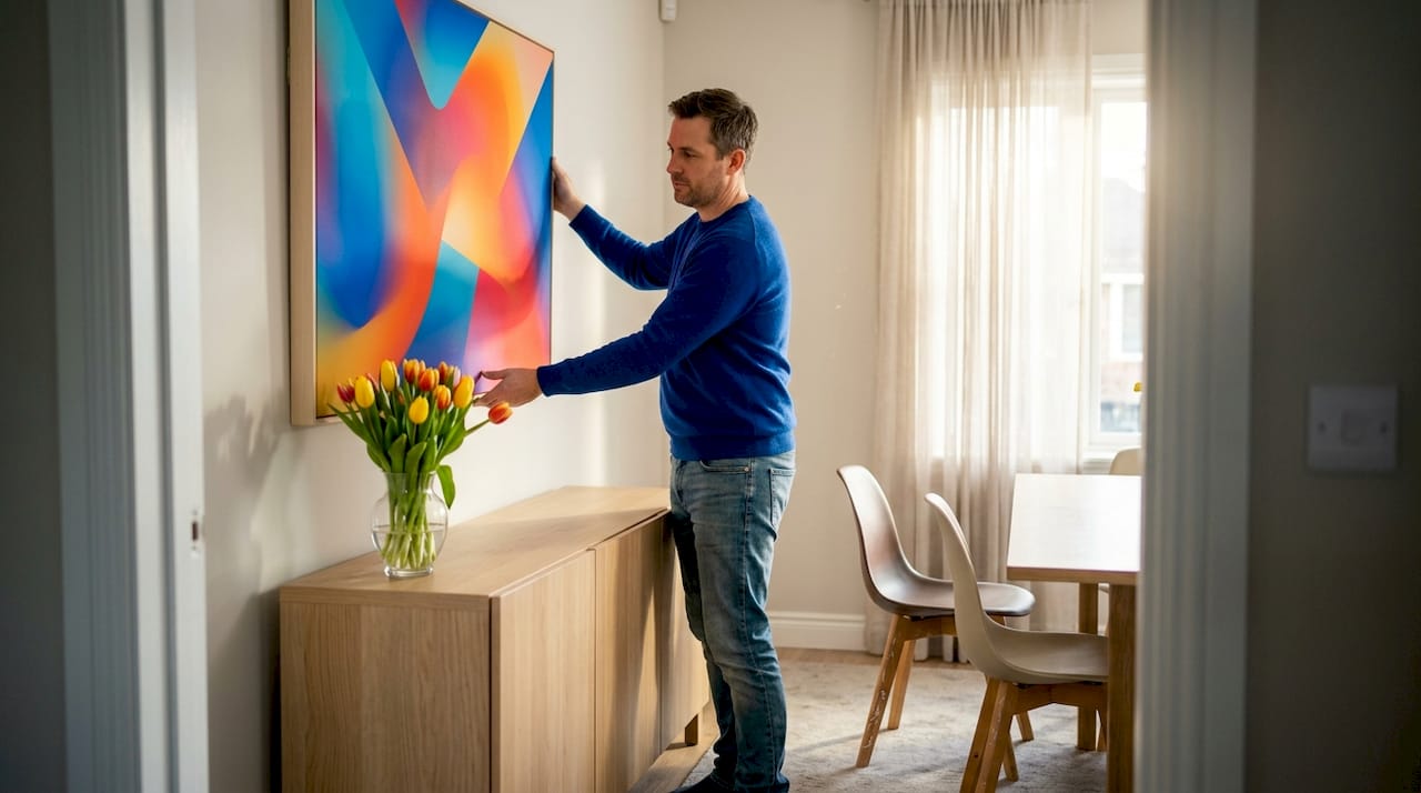 Man matching modern art with room furniture