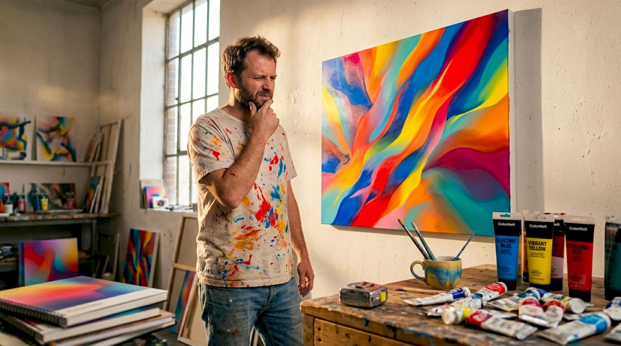 Artist adjusting vibrant painting in home studio