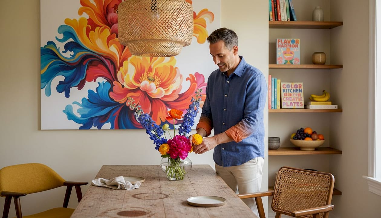 Man arranging flowers under vibrant wall art