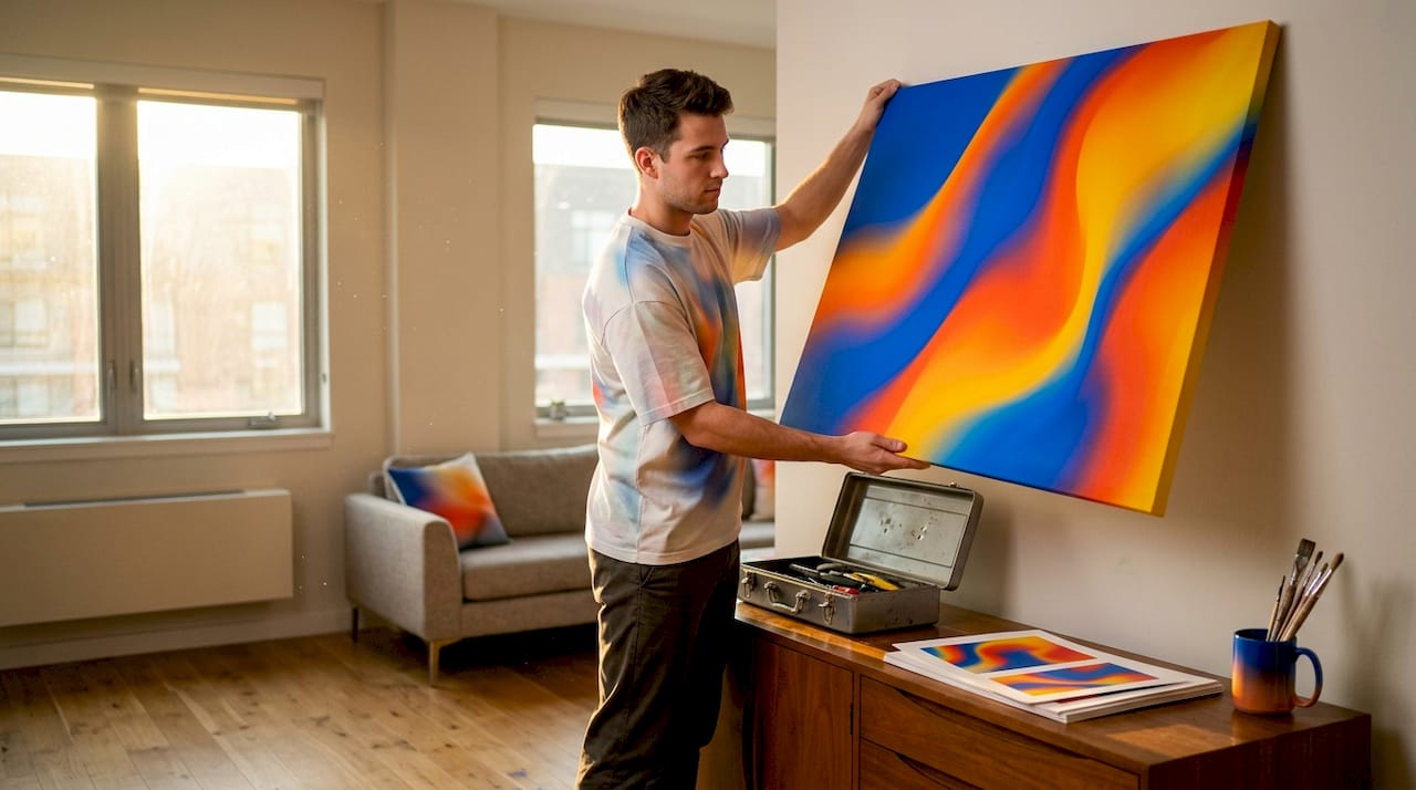 Man hanging modern art print in bright living room
