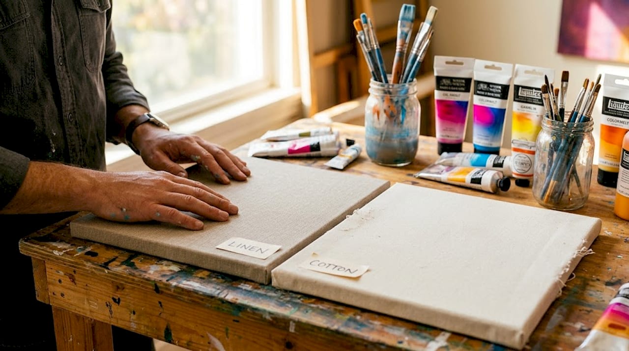 Artist comparing linen and cotton canvas