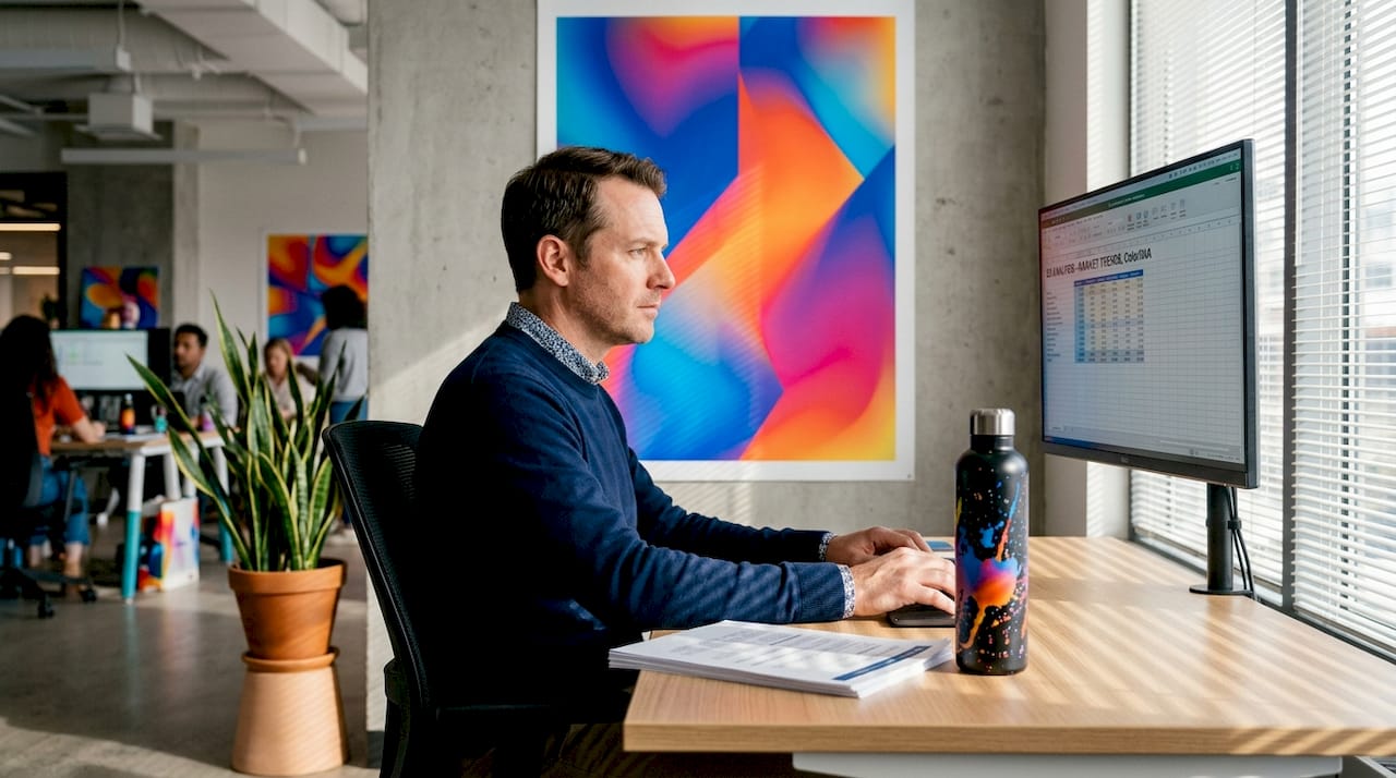 Open workspace with art and analyst at desk