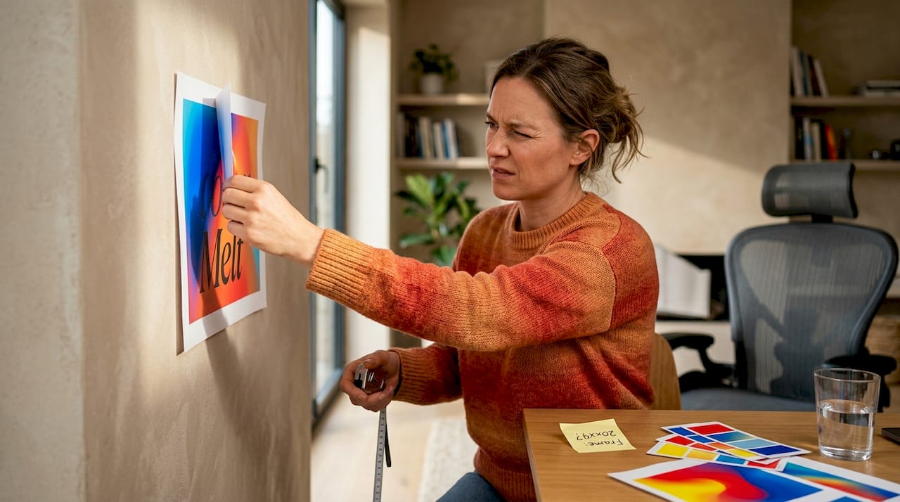Woman assessing home wall lighting for art