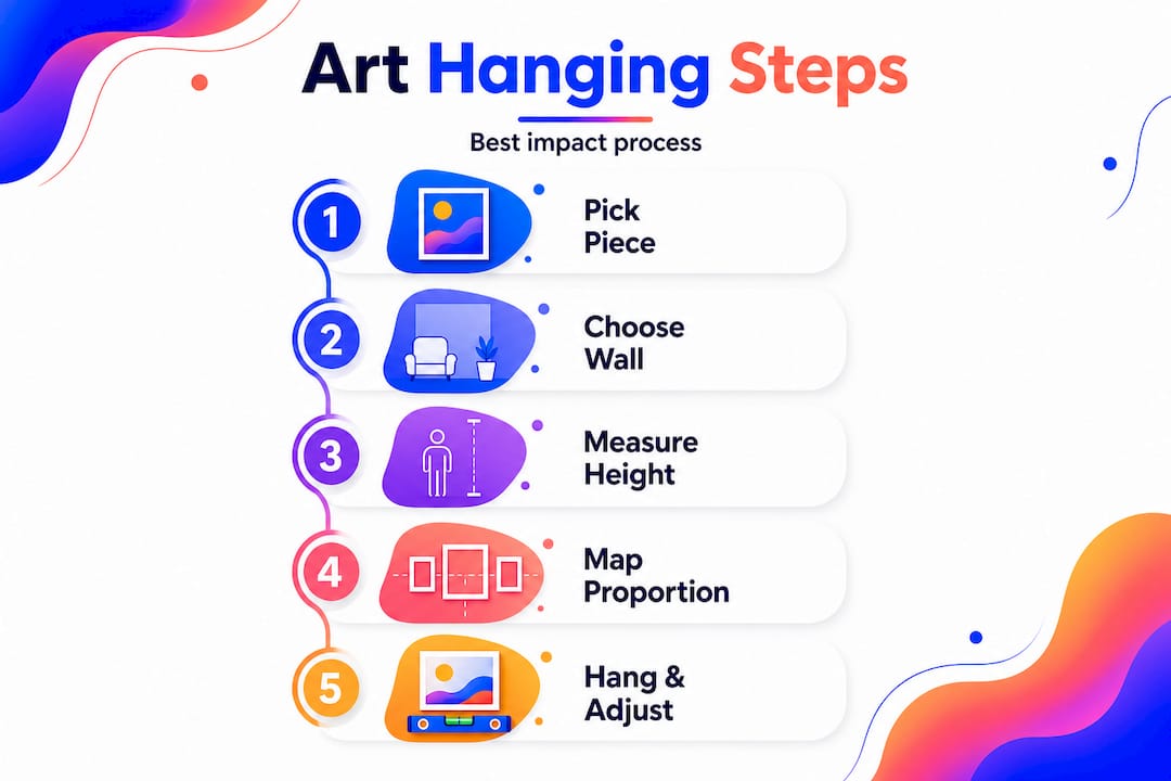 Infographic showing art hanging step-by-step process