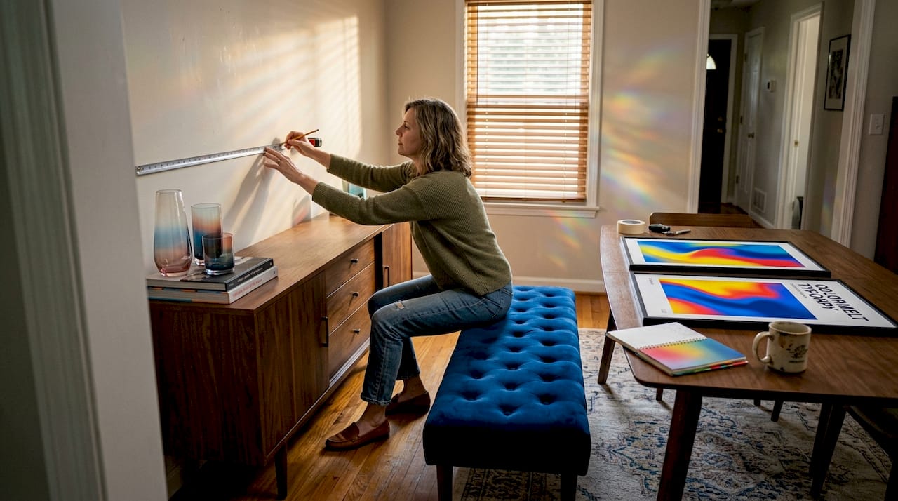 Woman measuring wall for art placement