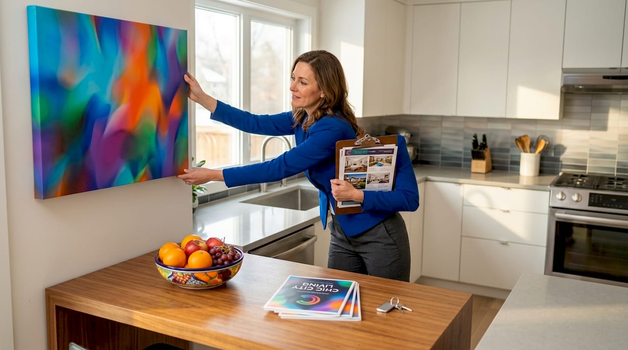 Agent adjusts art in a dining room