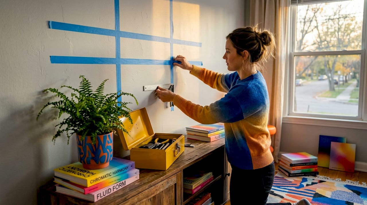Woman taping wall to plan hanging canvas art