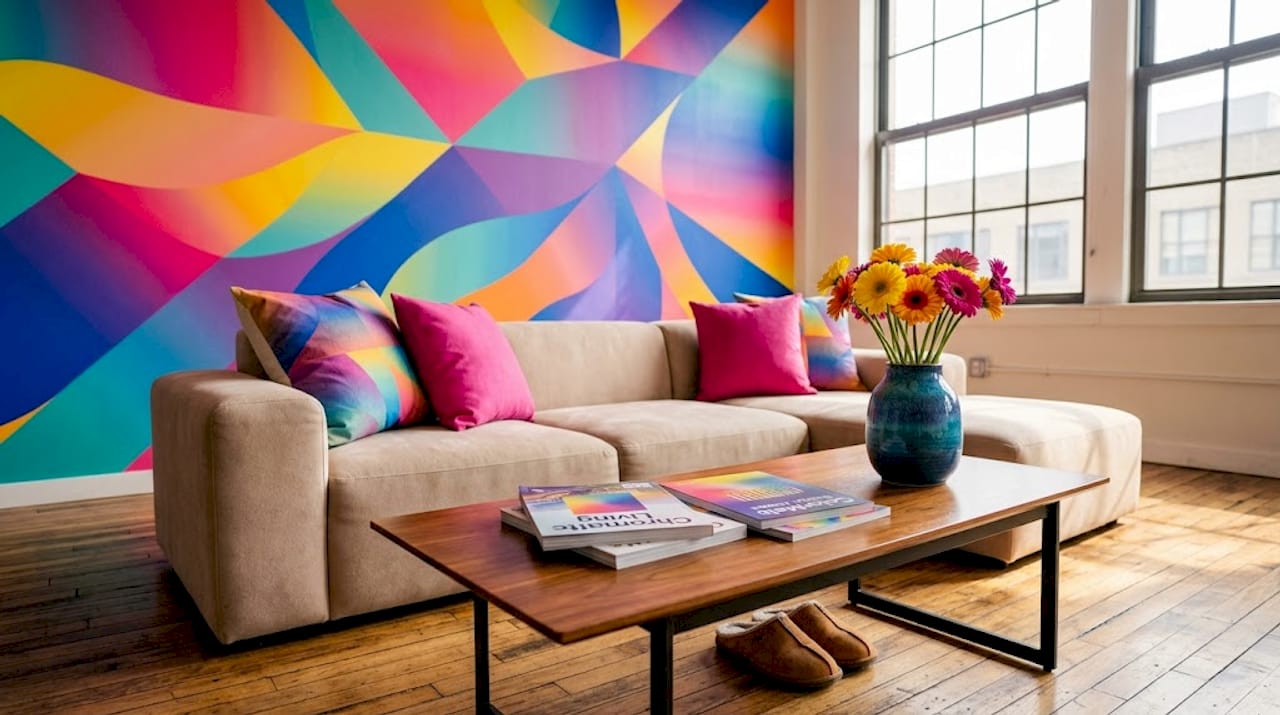 Floral mural behind neutral sofa in apartment
