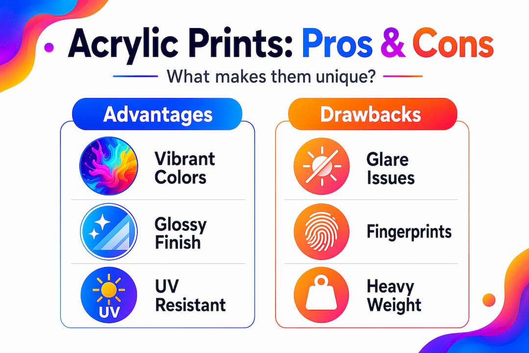 Infographic listing acrylic print advantages and drawbacks