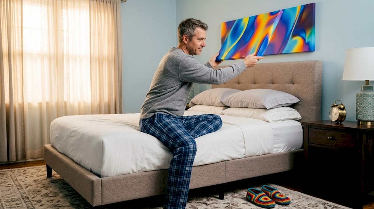 Hanging canvas print above bedroom headboard