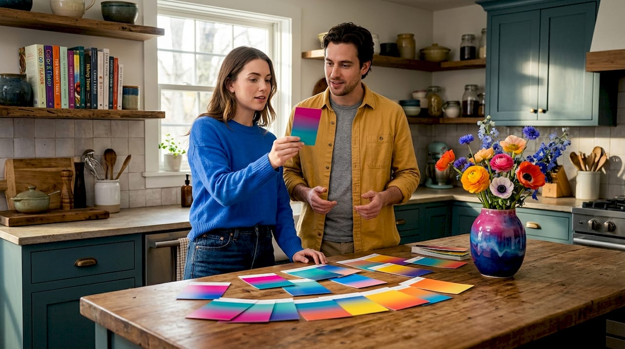 Couple reviewing color samples in casual dining area