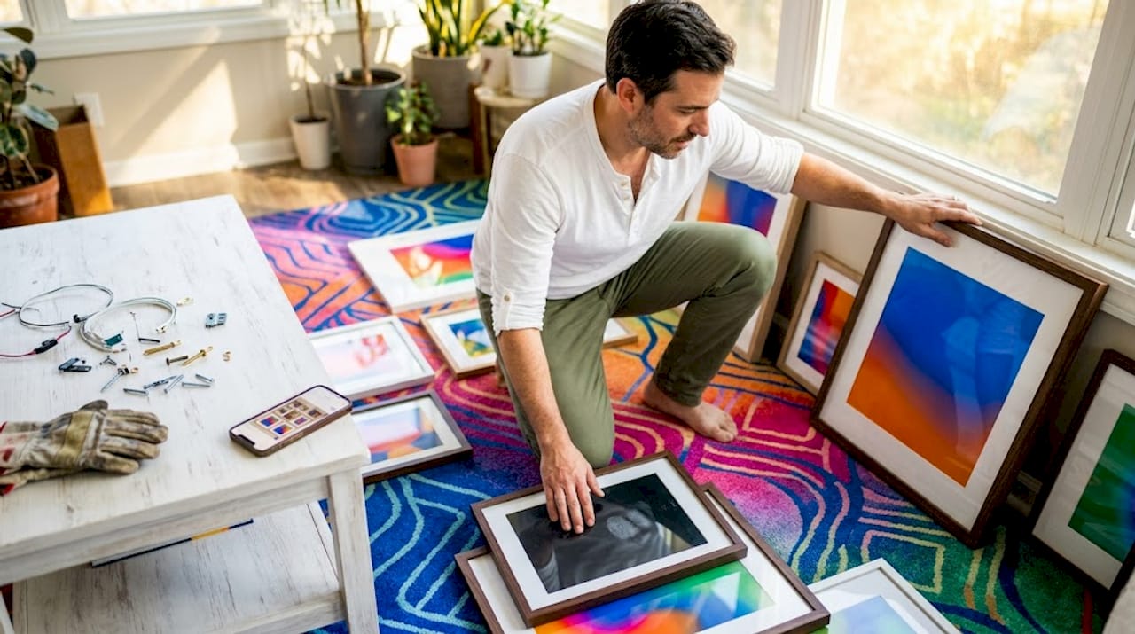 Man arranging framed art on floor for gallery wall