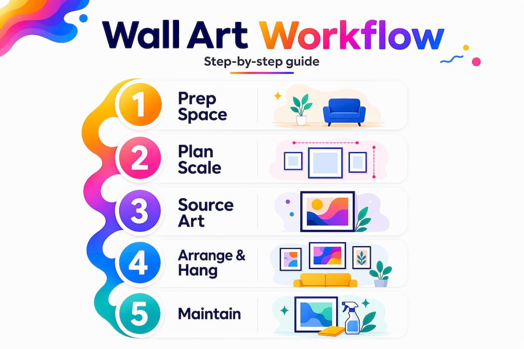 Vertical flow infographic of wall art workflow steps