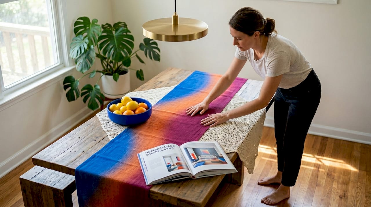 Woman adjusting linen runner in textured modern room
