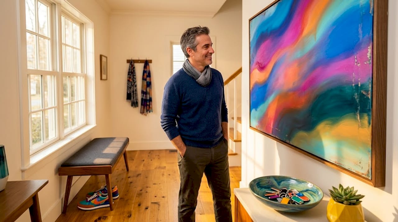 Homeowner passing large abstract entryway art