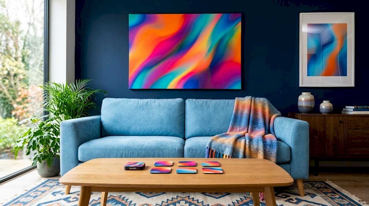 Canvas art sized two-thirds width of sofa