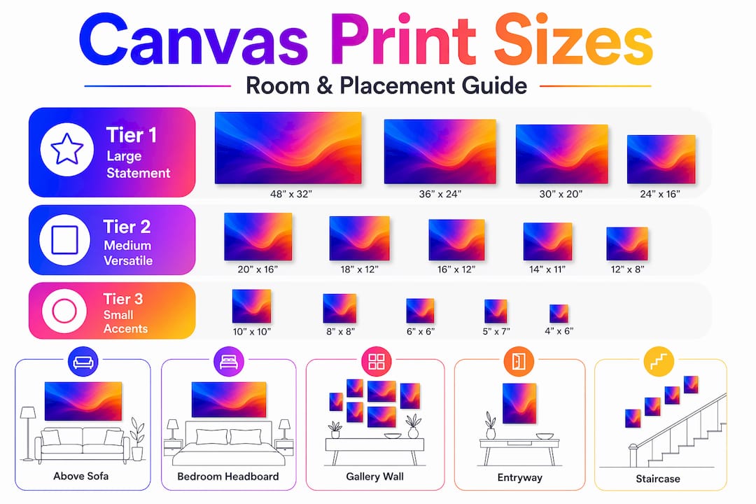 Hierarchy infographic for canvas print sizes and rooms