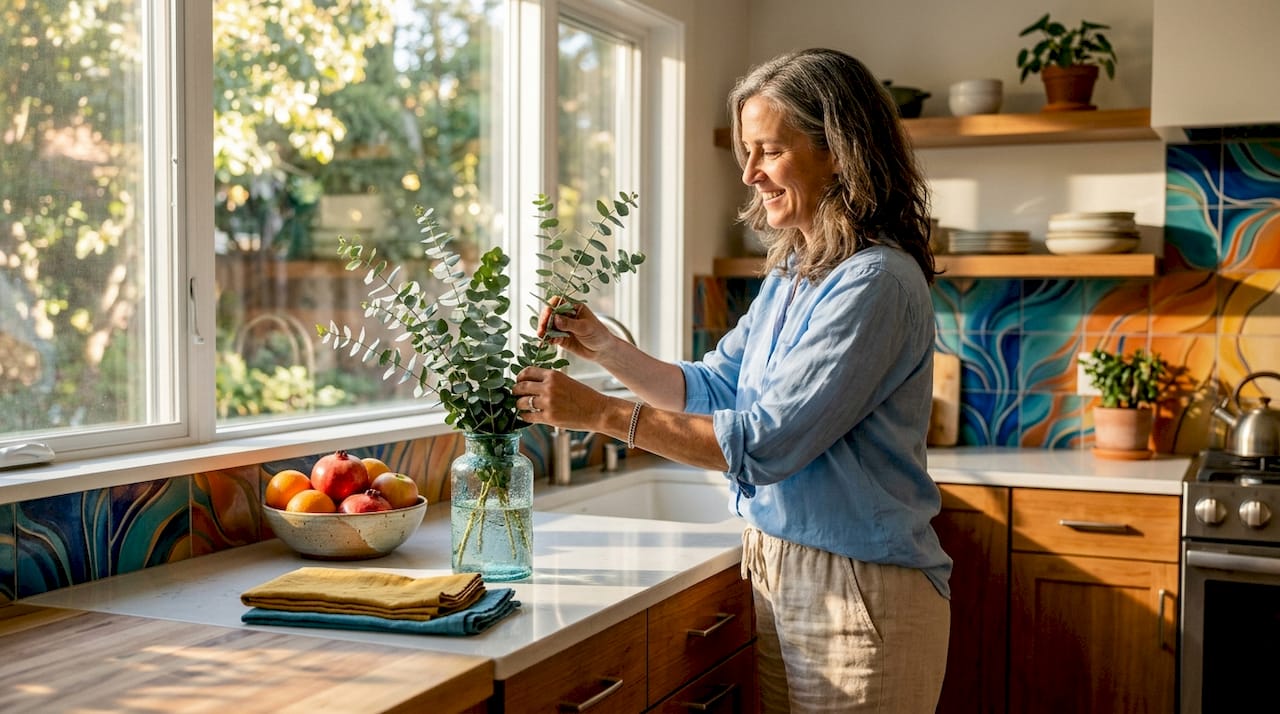 Homeowner arranges flowers in warm minimalist kitchen