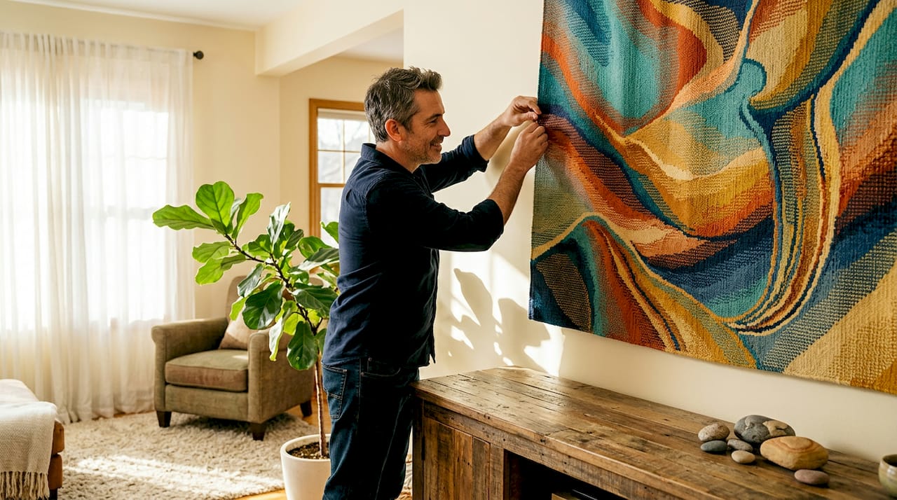 Man hanging vibrant tapestry in entryway