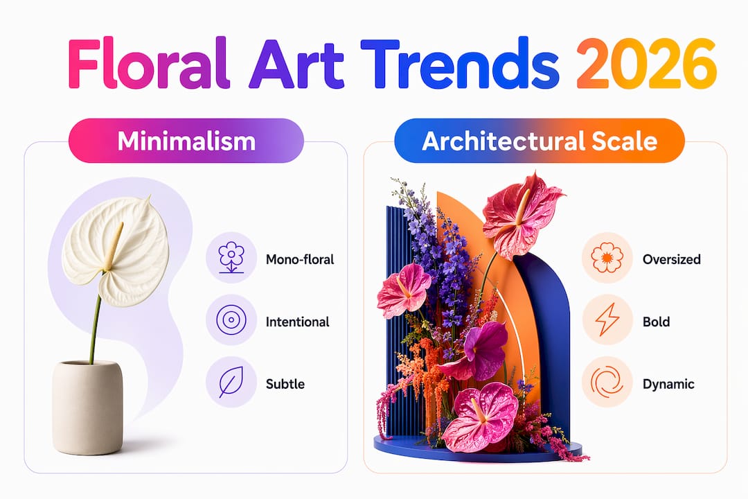 Infographic comparing floral art minimalism and architectural scale