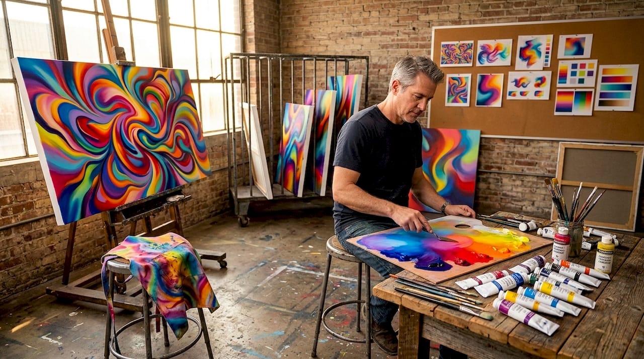Artist mixing paint in studio working on abstract canvas