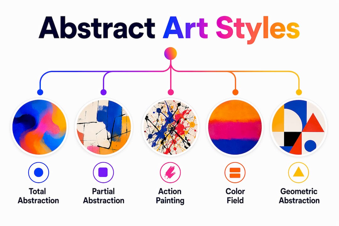 Infographic illustrating main abstract art styles in hierarchy