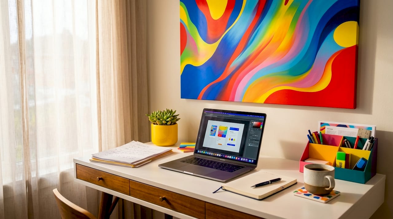 Home office featuring vibrant colorful wall art