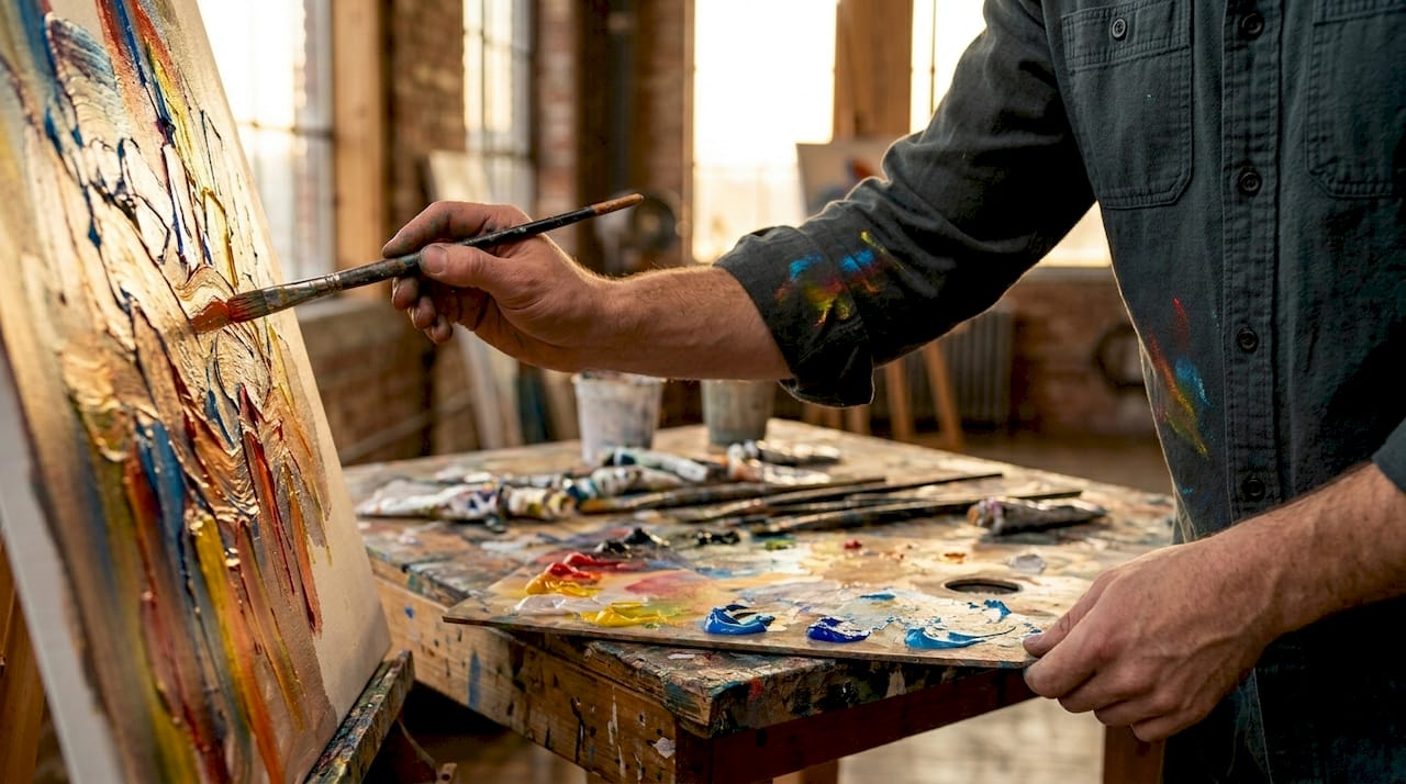 Close-up of tactile textured painting process
