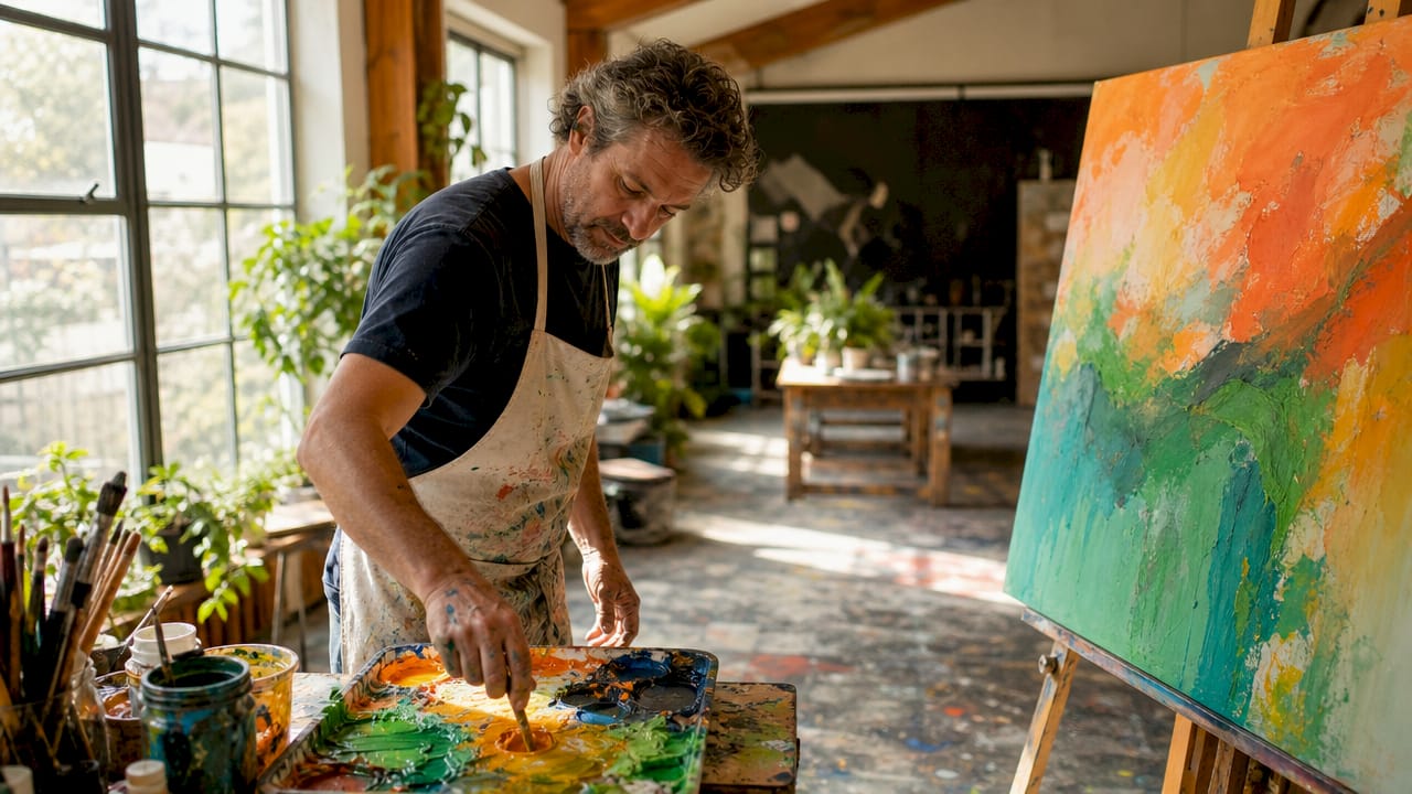 Artist painting abstract artwork in studio