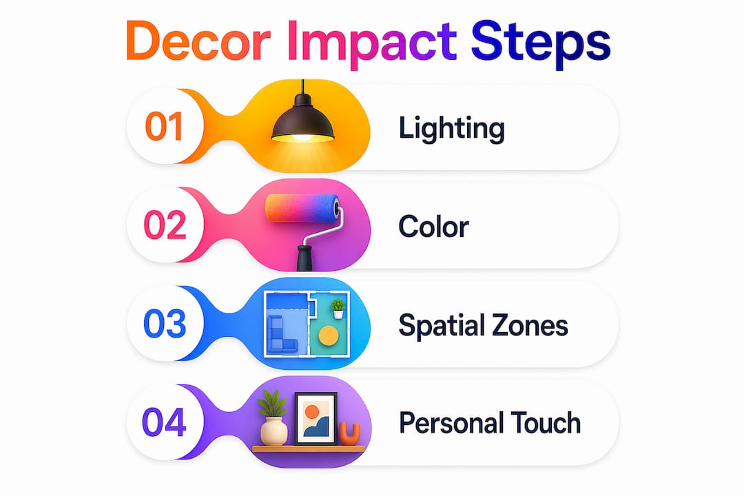Infographic illustrating key decor steps affecting mood and clarity