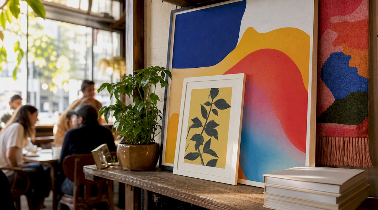 Layered art prints and textile on shelf corner