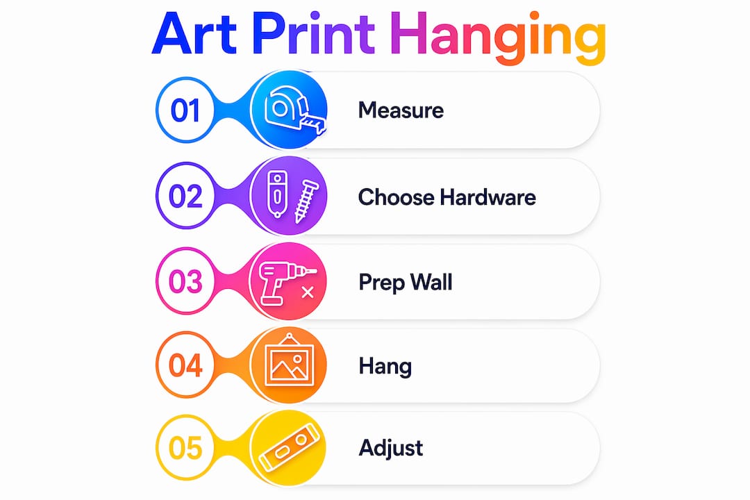 Infographic showing step-by-step art print hanging process