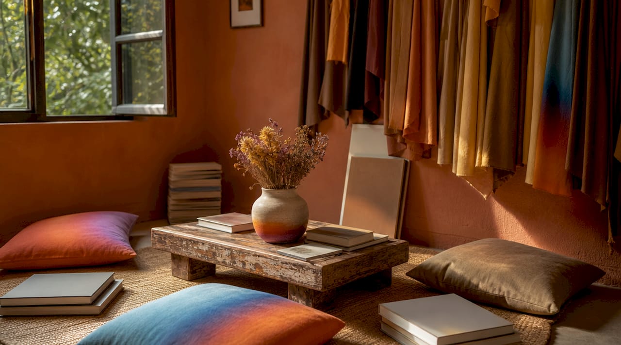 Art studio corner with terracotta and brown decor