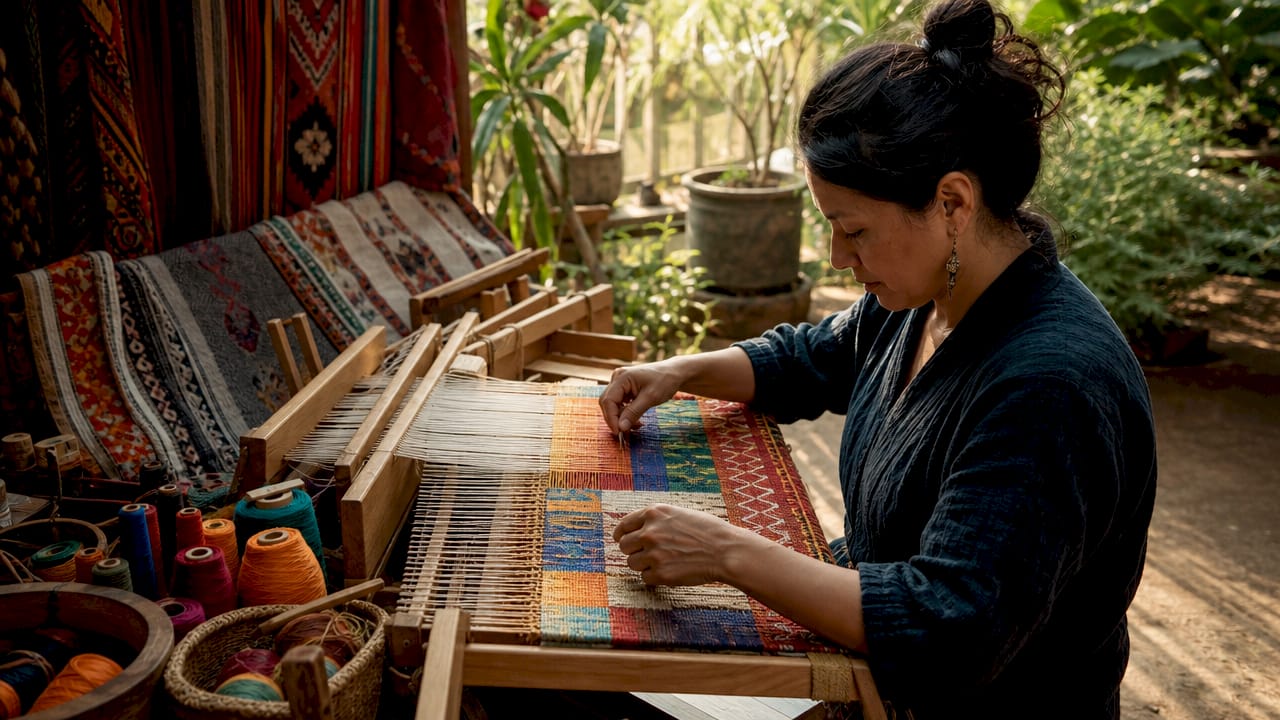 Artisan weaving colorful boho textile