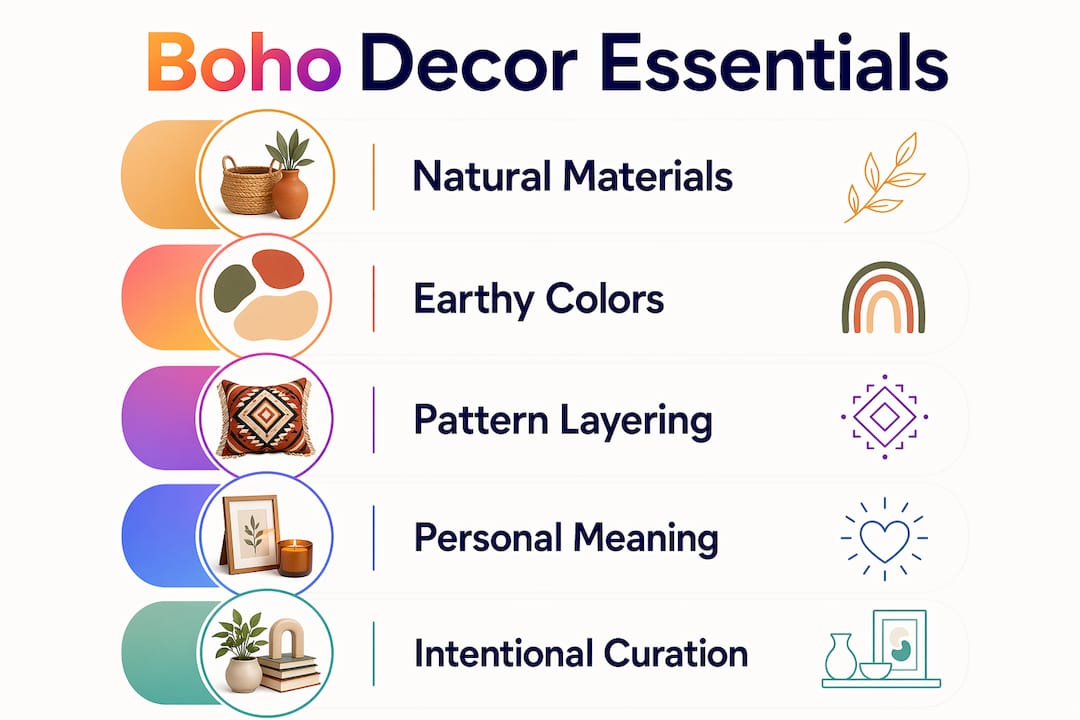 Infographic showing boho decor key elements