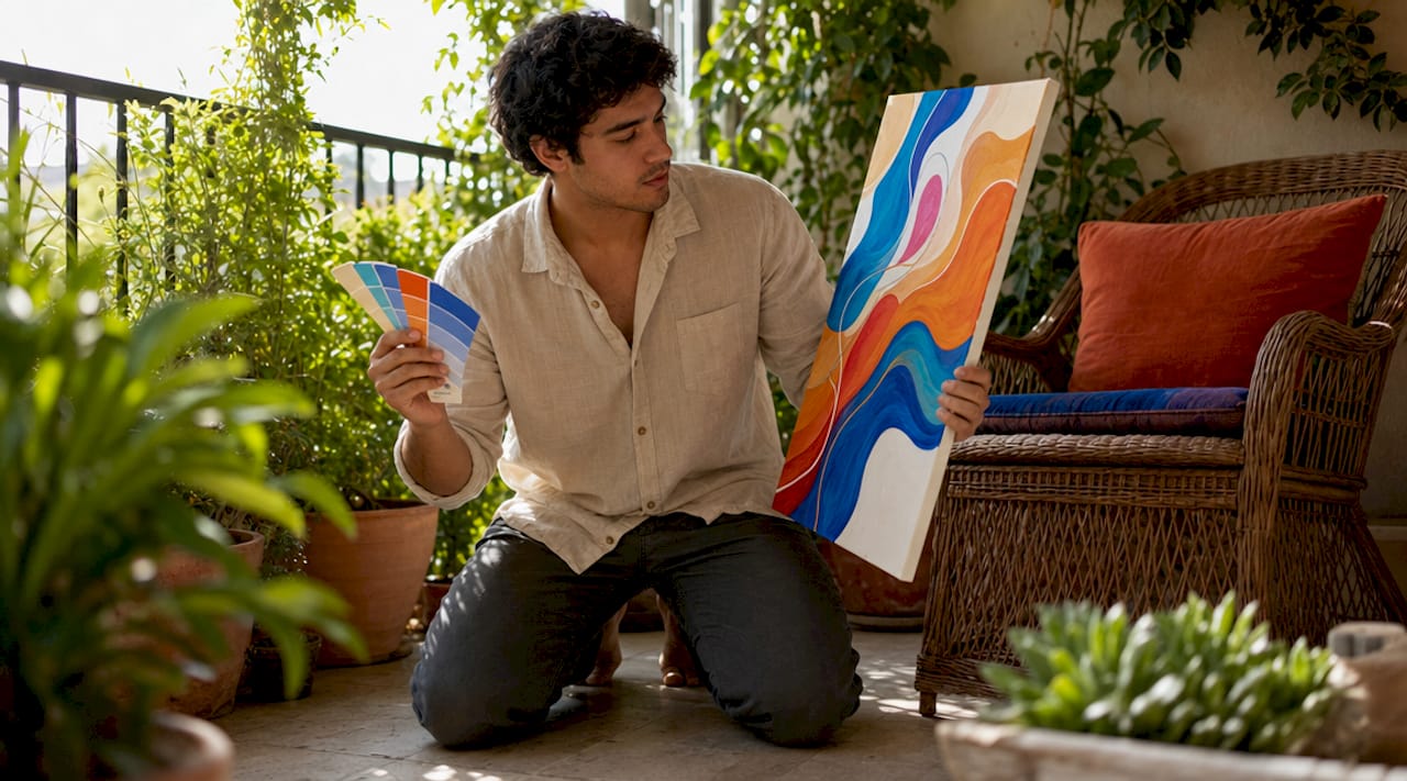 Man matching art colors to room elements