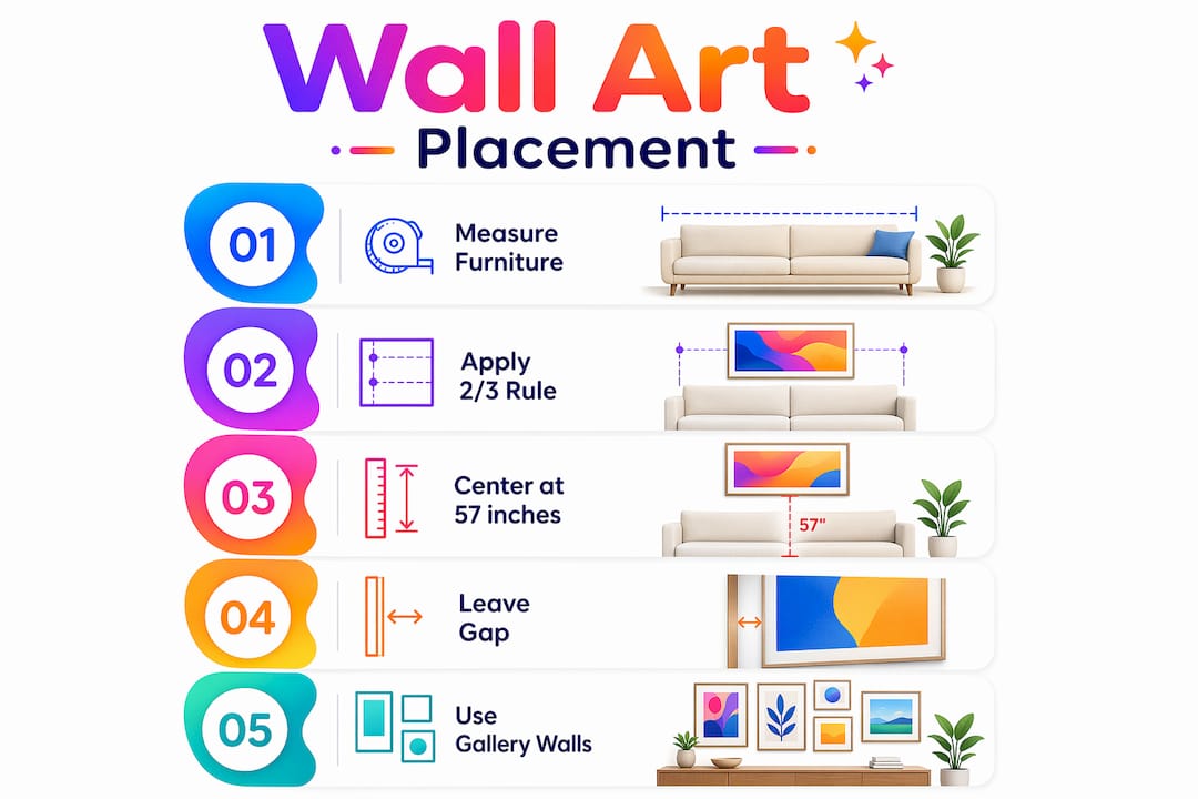 Infographic showing wall art sizing and placement steps