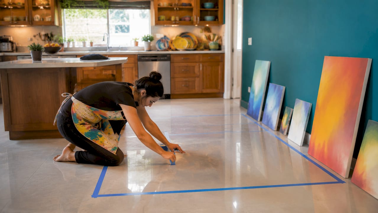 Hands marking sofa footprint for canvas sizing