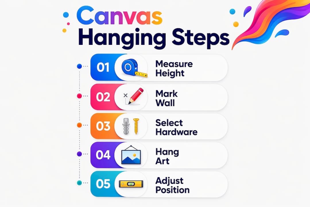 Infographic showing step-by-step canvas hanging guide