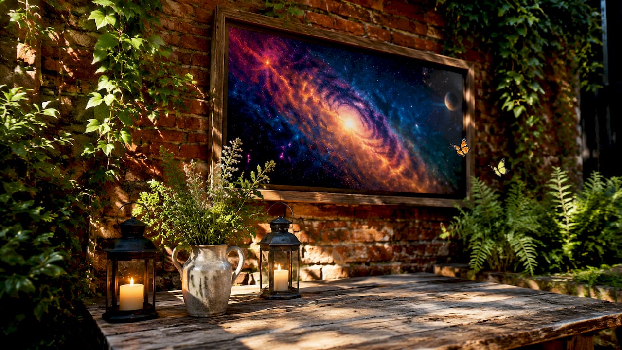 Deep-space landscape painting enhancing dining room depth