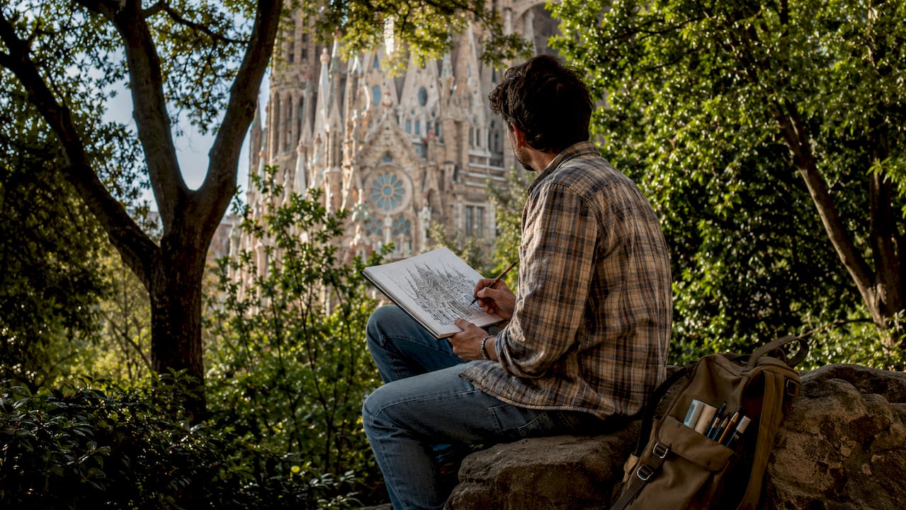 Scholar sketching detailed complex architecture outdoors