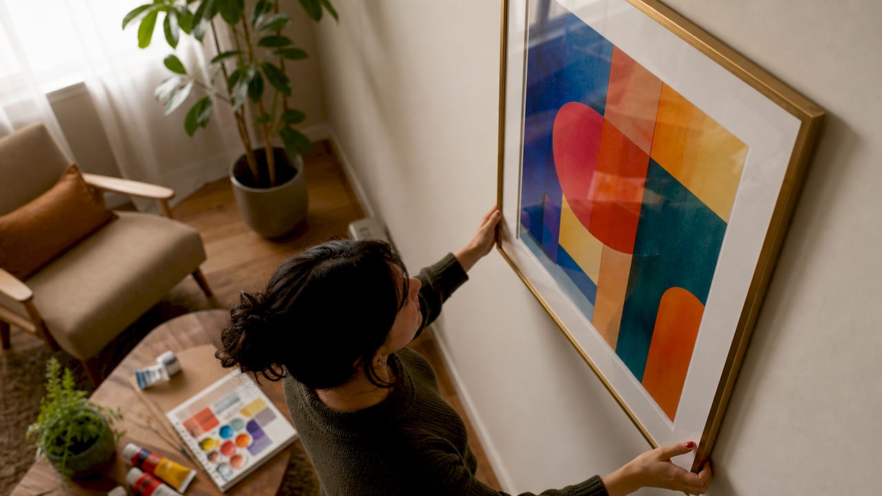 Close-up of hand adjusting art frame in modern decor