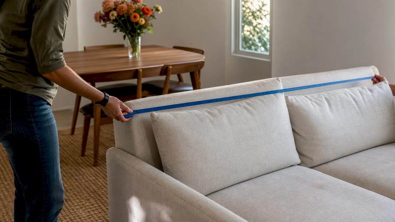 Hands measuring sofa width for wall art sizing