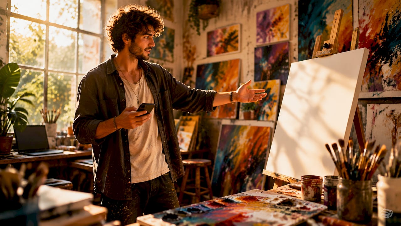 Man assessing wall space for art placement