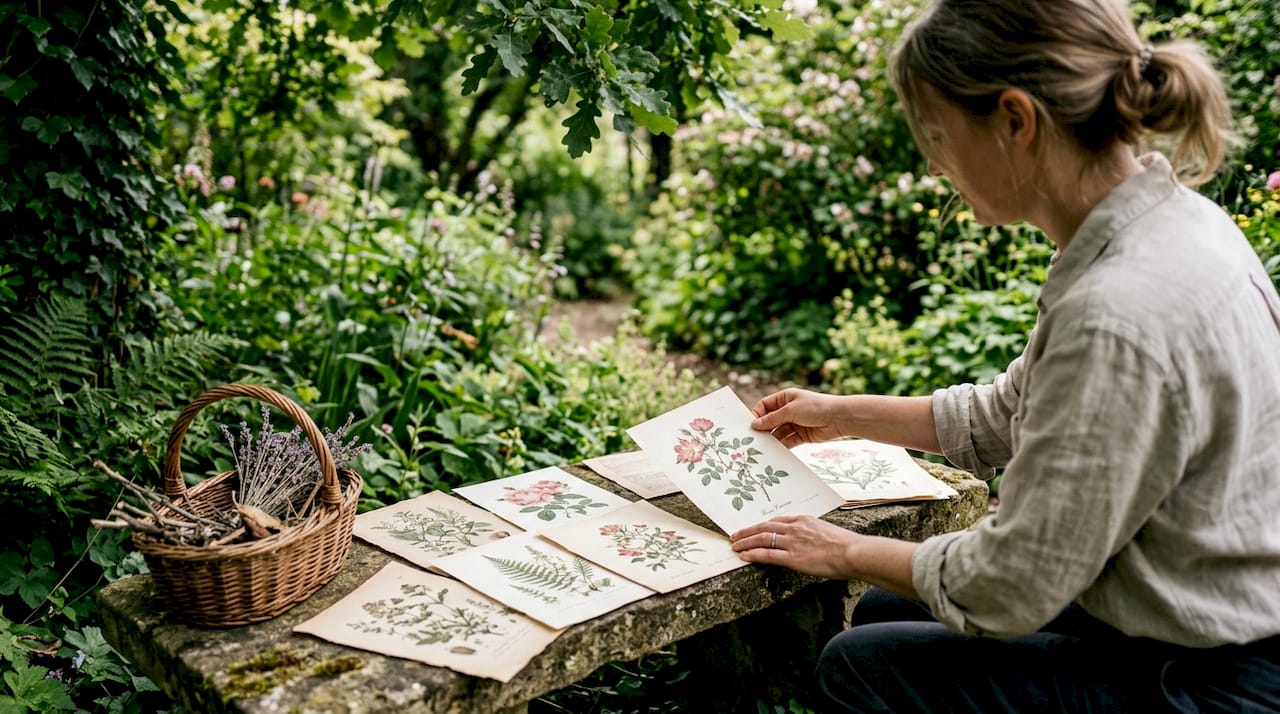 Hands sorting vintage botanical prints on table