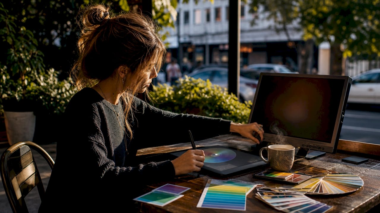 Hands adjusting vibrant RGB colors on graphic tablet